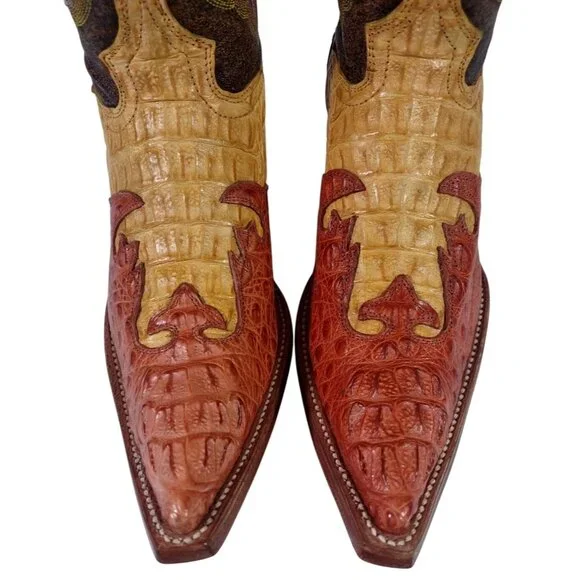 New El General Crocodile Skin Embroidered Red Yellow Brown Cowboy Boots Sz 6.5 - Picture 3 of 9